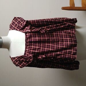 Indigo Poppy Square Neck Ruffled Detail Long Sleeve Pull-over Plaid Top L